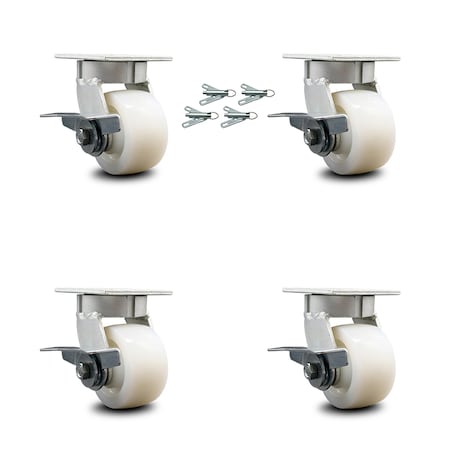 Service Caster 4 Inch Kingpinless Nylon Wheel Swivel Caster Set with Brakes and Swivel Locks SCC-KP30S420-NYR-SLB-BSL-4